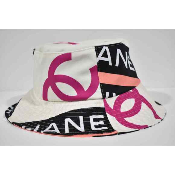 Chanel 22S Black White Pink Beige Fabric CC Logo Sun Cloche Bucket Hat Medium M main image 6